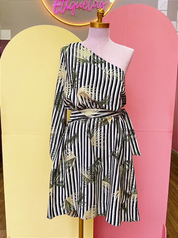 Vestido Curto Off Listrado Estampa Folhas Verdes Hill - G