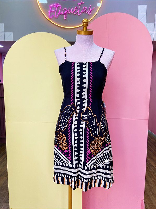 Vestido viscose Preto Estampa Laranja Amarração No Busto Oh Boy - P