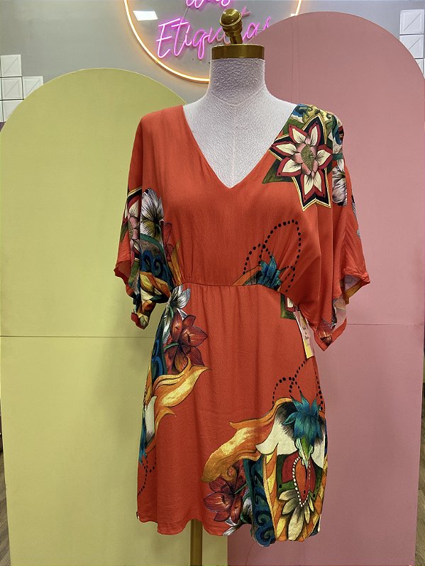 Vestido Laranja Crepe Estampa Flores Coloridas FYI - P