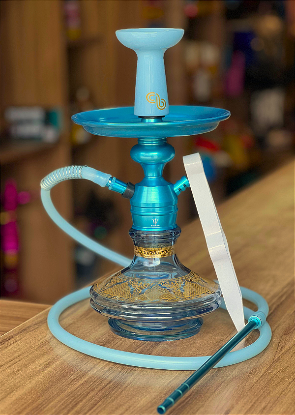 KIT NARGUILE TRITON COMPLETO - AZUL BEBÊ C/ DOURADO 2.0