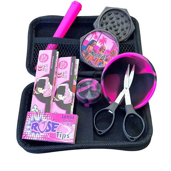 Kit Case Bolador Seda e Piteira com Acessórios - Rosa e Preto
