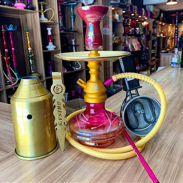 KIT NARGUILE PEQUENO ANUBIS COMPLETO - DOURADO FOSCO COM ROSA