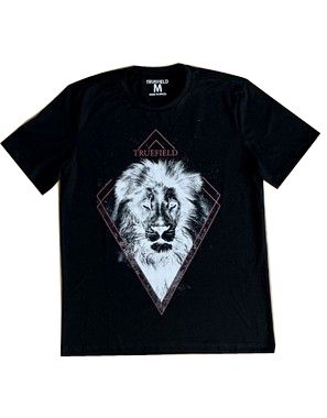 Camiseta masculina em algodão com decote careca desenho do leão