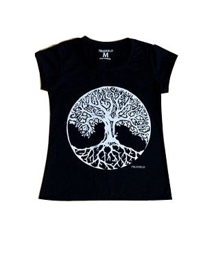 Camiseta feminina em algodão com decote careca desenho árvore da vida