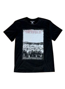 Camiseta masculina em algodão com decote careca com desenho ovelhas de óculos