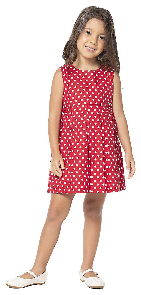 VESTIDO INFANTIL MENINA PREGAS POÁ ALGODÃO VERMELHO - VRASALON- Since 1968