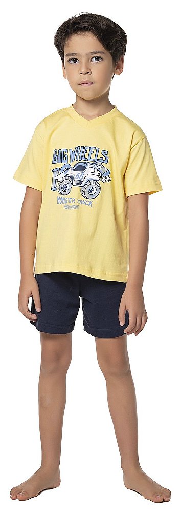 PIJAMA INFANTIL MENINO MONSTER TRUCK ALGODÃO AMARELO