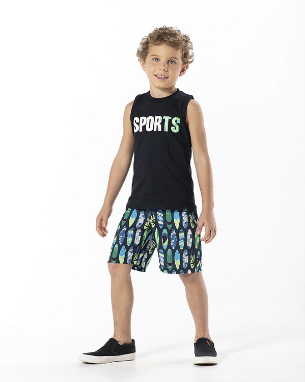 CAMISETA INFANTIL MENINO SPORTS BLOCKS ALGODÃO PRETA