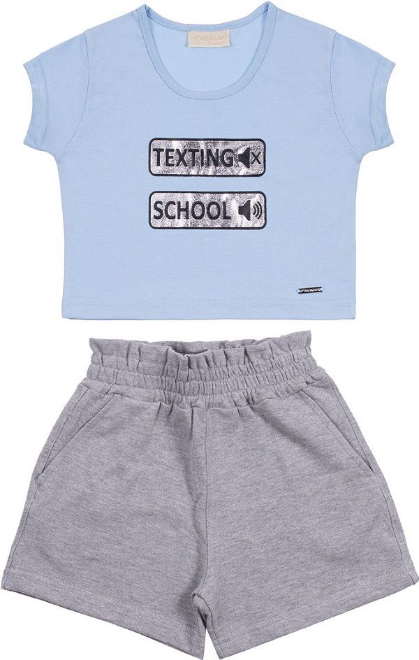 CONJUNTO INFANTIL MENINA TEXTING ALGODÃO AZUL