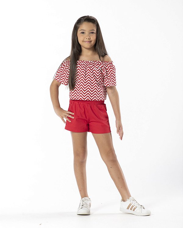 CONJUNTO INFANTIL MENINA ZIGZAG ALGODÃO VERMELHO