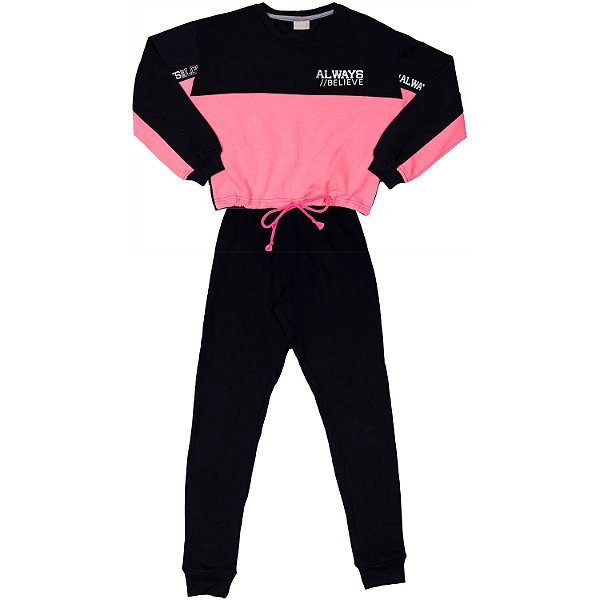 CONJUNTO ADULTO FEMININO ALWAYS BELIEVE MOLETOM ROSA NEON