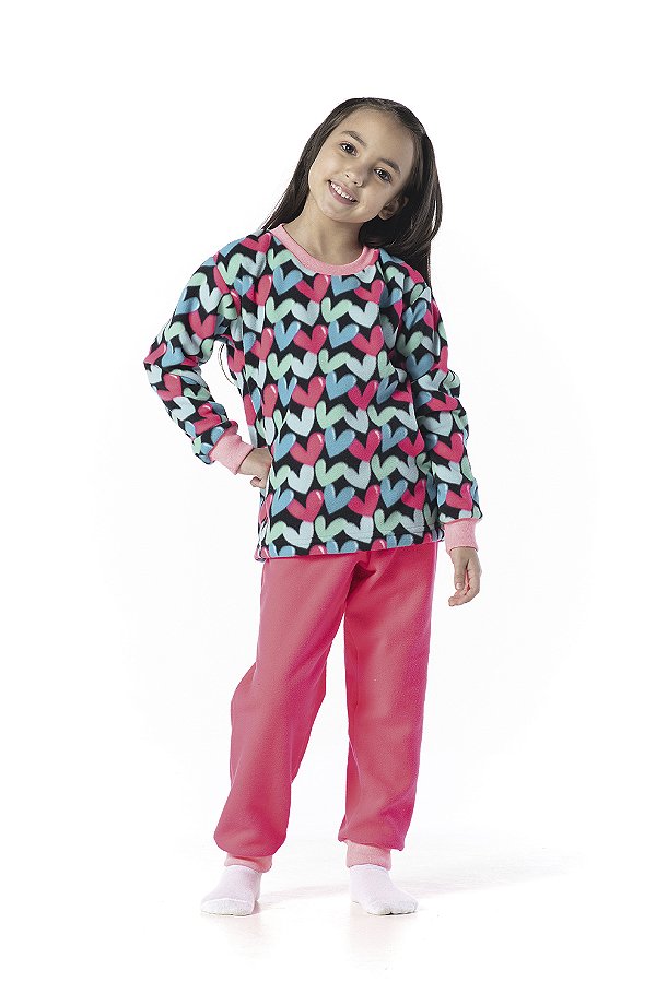 PIJAMA INFANTIL MENINA CORAÇÕES SOFT PINK/PRETO