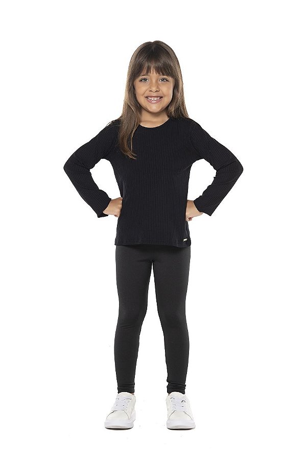 BLUSA INFANTIL MENINA CANELADA ALGODÃO PRETA