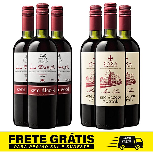 Kit Sem Álcool 6 unidades - 3  Vinhos Tinto Suave Bordô - 3 Vinhos Tinto Meio Seco Bordô