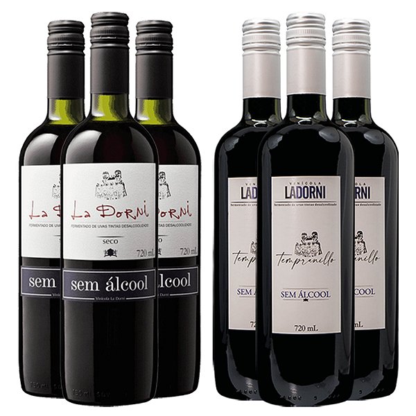 Kit com 6 und. Sem Álcool - 3 Vinho Tinto Seco Tempranillo - 3 Vinho Tinto Seco Bordô