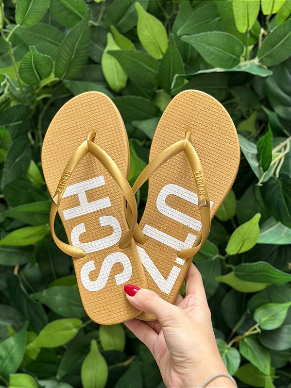 SCHUTZ CHINELO TRIANGLE DOURADO