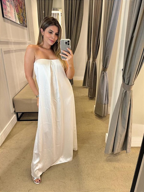 VESTIDO LONGO SATIN PREGAS OFF WHITE