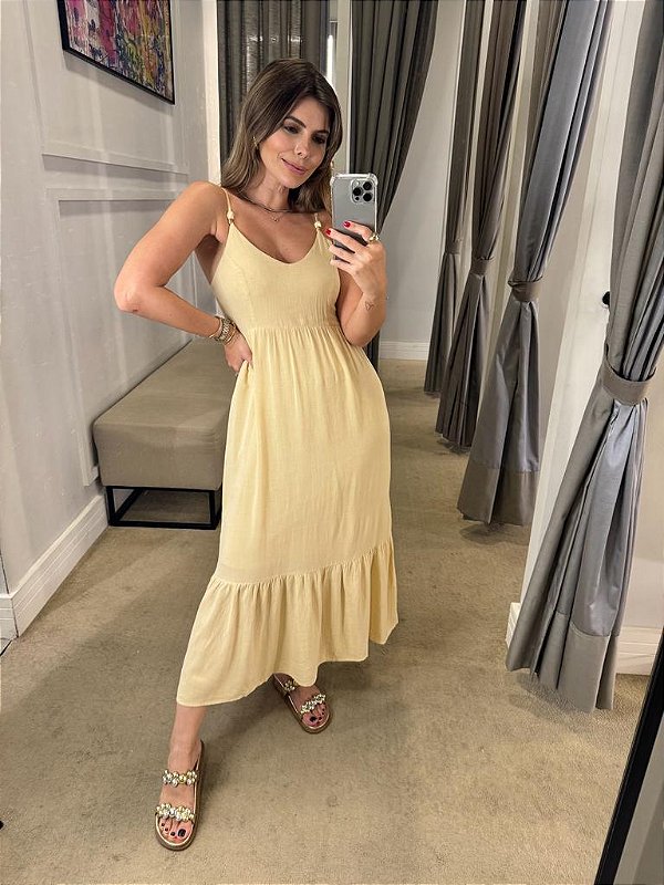 VESTIDO DE VISCOLINHO COM PONTEIRA BEGE