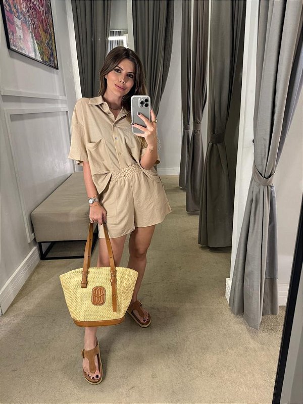 CONJUNTO MALHA ORLY CAMISA E SHORTS BEGE