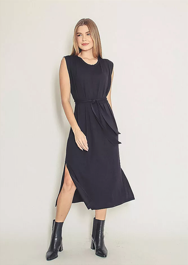VESTIDO MIDI PREGAS OMBROS E FAIXA PRETO
