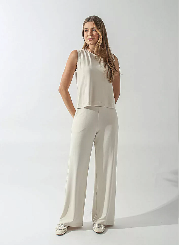 CONJUNTO OXFORD MOLETINHO COM REGATA E CALÇA PANTALONA CREME