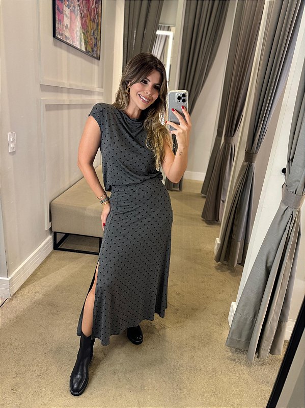 CONJUNTO CANNES BLUSA E SAIA EVASÊ POÁ CINZA