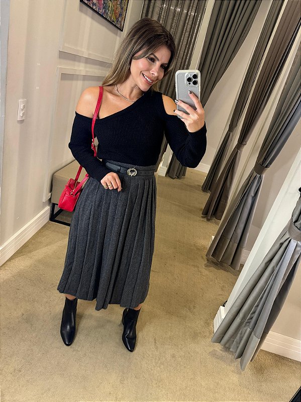 SAIA MIDI TRICOT PLISSADA TURIM CHUMBO