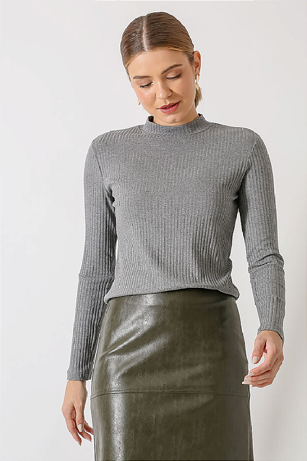 BLUSA CANELADA GOLA ALTA MANGA LONGA CINZA