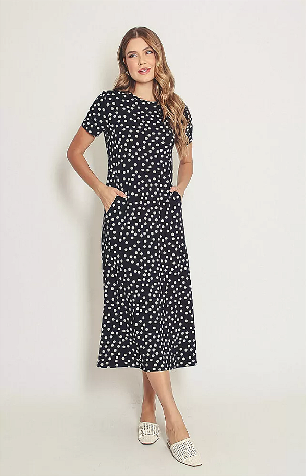 VESTIDO MIDI VISCO ROGEANT POÁ PRETO