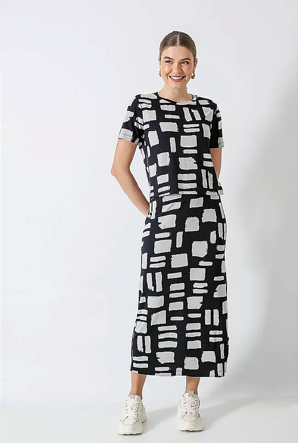 CONJUNTO ESTAMPADO RONJAN BLUSA E SAIA MIDI PRETO
