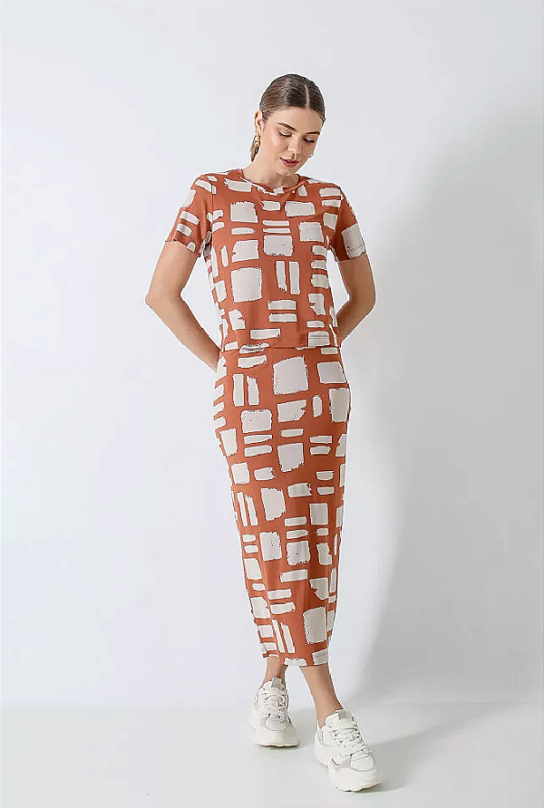 CONJUNTO ESTAMPADO RONJAN BLUSA E SAIA MIDI TELHA