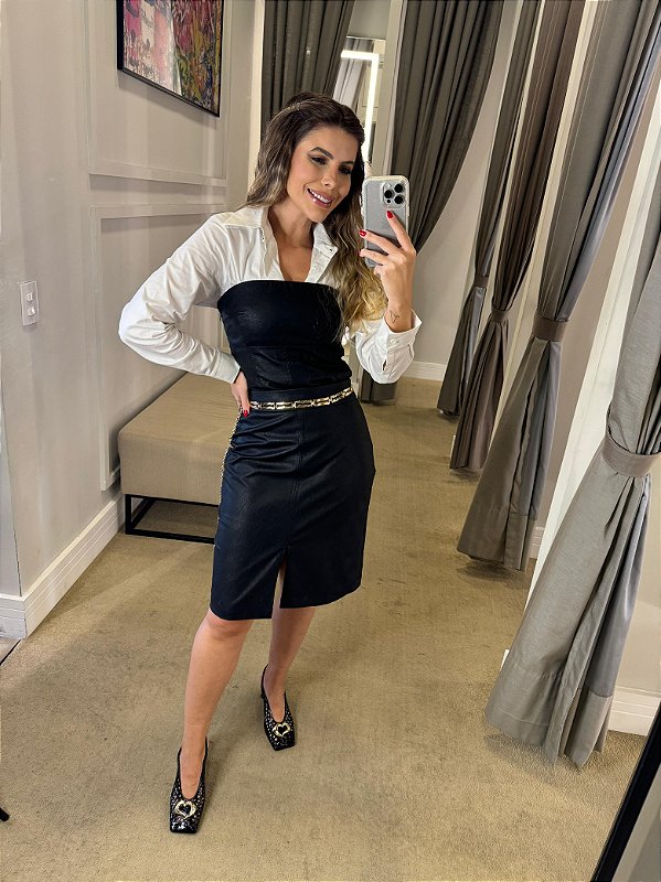 CONJUNTO COURO ECO CORSET E SAIA PRETO