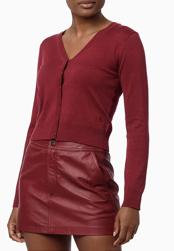 CALVIN KLEIN JEANS CARDIGAN GOLA V BÁSICO VERMELHO ESCURO