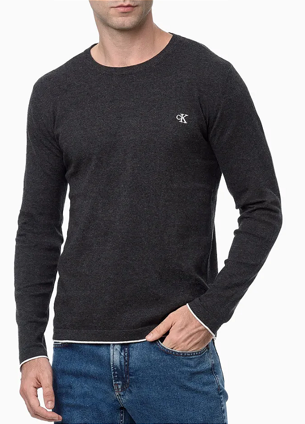 CALVIN KLEIN JEANS SUÉTER TRICOT GOLA CARECA COM LOGO PRETO
