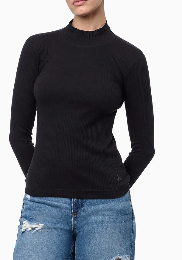 CALVIN KLEIN JEANS BLUSA MANGA LONGA GOLA ALTA RIBANA PRETA