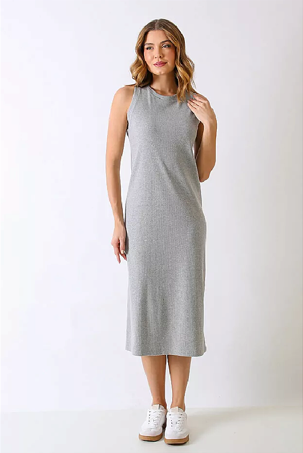 VESTIDO REGATA CANELADO MIDI ITACARÉ CINZA