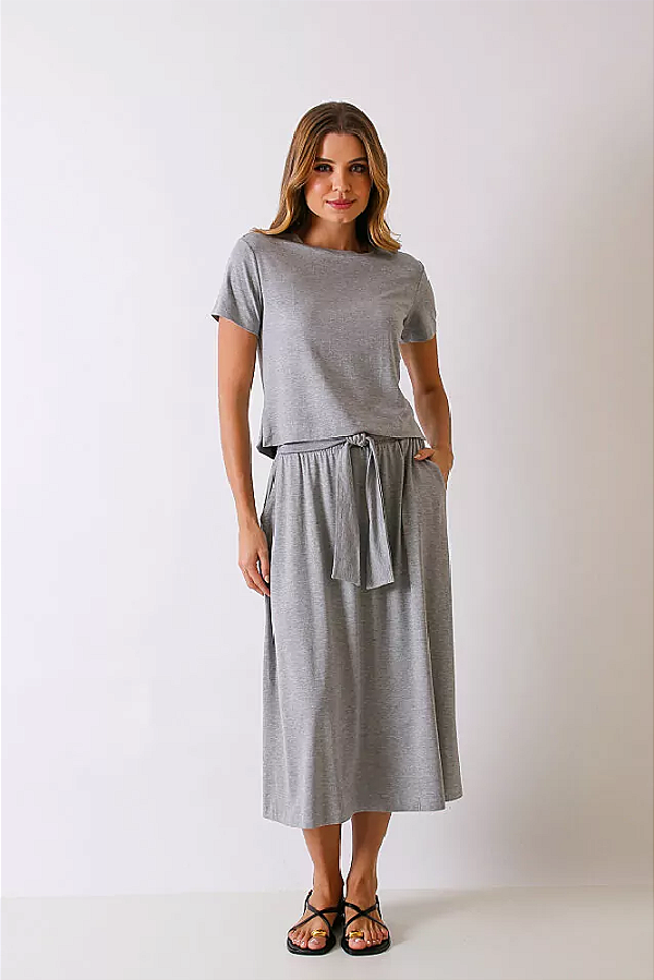 CONJUNTO YAKIMA BLUSA E SAIA MIDI CINZA MESCLA