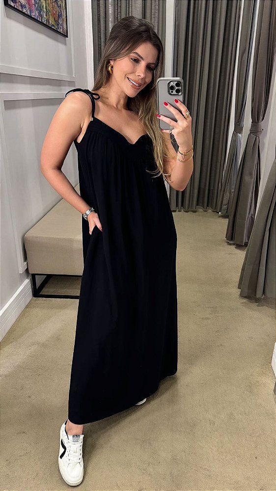 VESTIDO LONGUETE ALÇA FINA PRETO