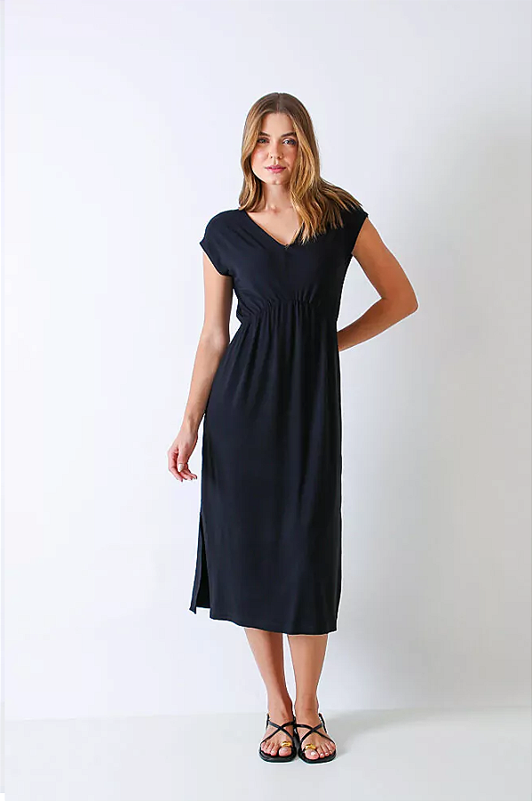 VESTIDO MIDI MALHA DECOTE V PRETO