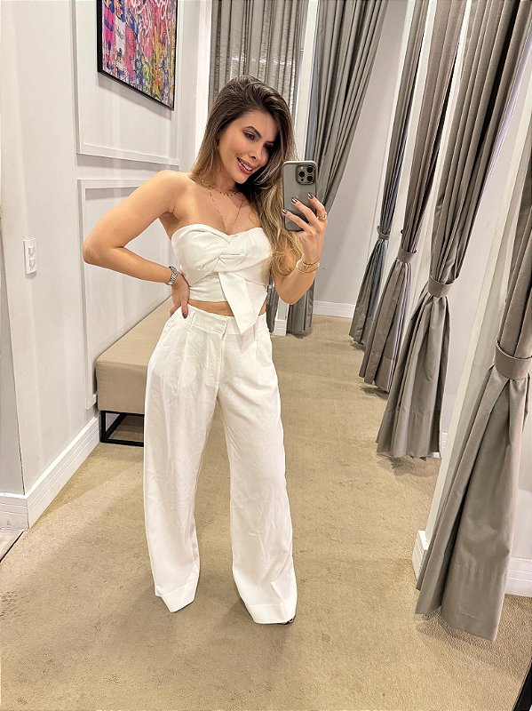 CONJUNTO LINHO CROPPED LAÇO E CALÇA WIDELEG OFF WHITE