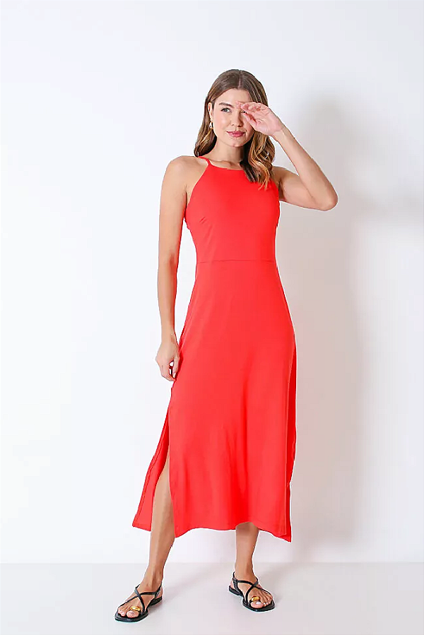 VESTIDO MIDI FENDA VERMELHO