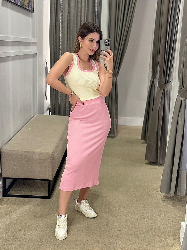 SAIA MIDI CANELADA FENDA ROSA