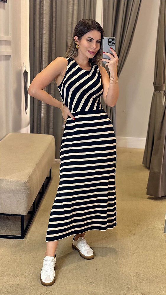 VESTIDO MIDI LISTRADO PRETO
