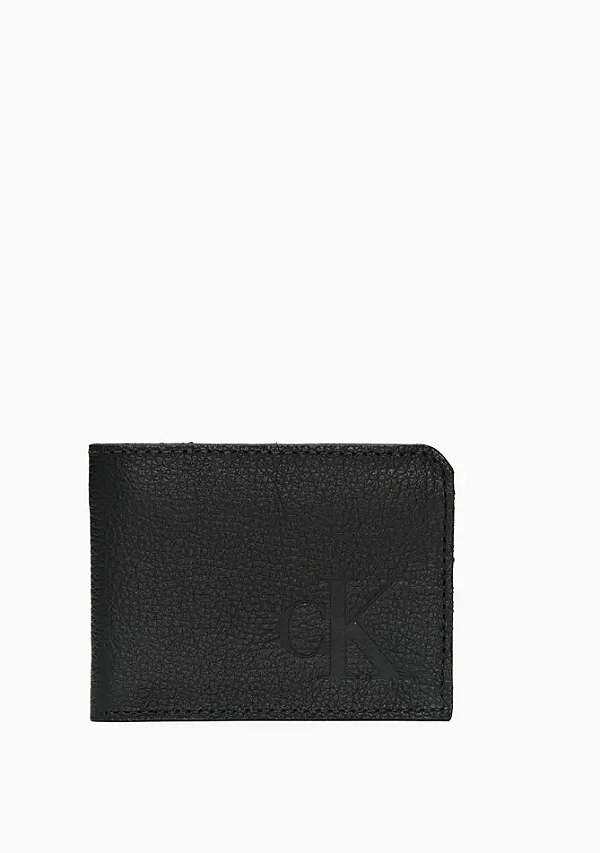CALVIN KLEIN JEANS CARTEIRA COURO QUEIMA CK PRETA