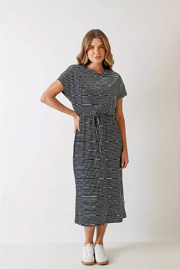VESTIDO MIDI HAVANA LISTRADO PRETO