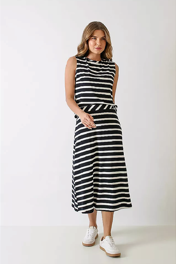 CONJUNTO LISTRADO REGATA E SAIA MIDI PRETO