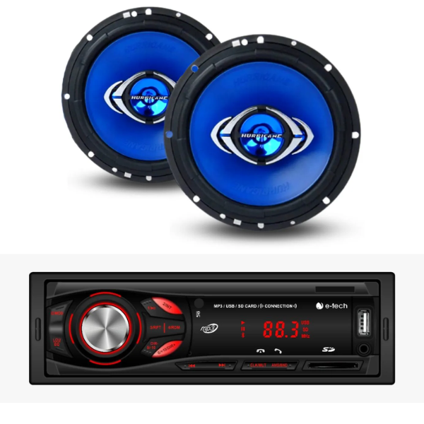 Kit Som Carro Radio Aparelho Mp3 Bluetooth Etech + 2 Falantes 6 Hurricane TOP