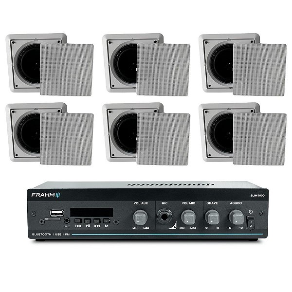 Kit Som Ambiente Receiver Frahm SLIM 1000APP + 6 Arandelas Quadradas