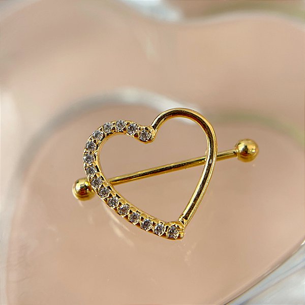 PIERCING MAMILO AÇO 316L CORAÇÃO ZIRCÔNIA 15MM FOLHEADO A OURO 18K SEMIJOIA PARA ATUALIZAÇÃO⭐