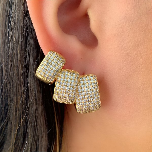 BRINCO KIT ARGOLAS RETANGULARES GROSSAS ZIRCÔNIAS TAIANE BIJU